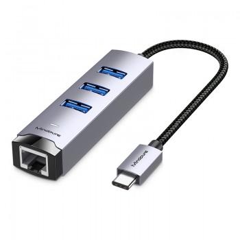 Сетевая карта/Hub USB3.0- LAN+3*USB3.0 `Mindpure` UR009, LX10632, 1000Mbps, алюминий