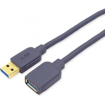 Кабель USB AM - USB AF удл-ль `iLAN`, Lux, медь,  1.5м, серый  (ч.гр.14*20)