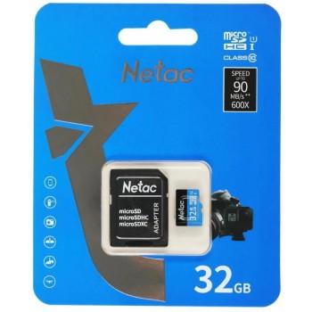 Карта памяти, Netac, NT02P500STN-032G-R, MicroSDHC 32GB, с адаптером SD